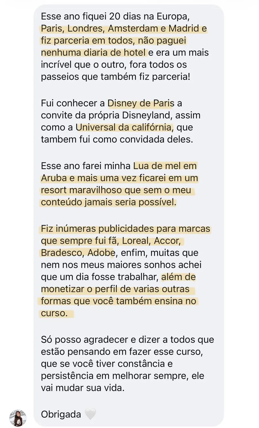 Print real de depoimento de aluno